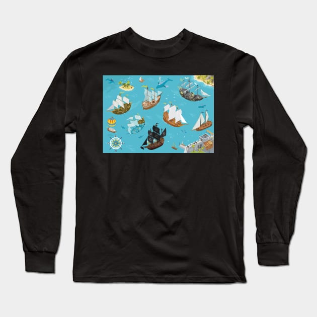 Pirat Bay and sail ships fantasy illustrations Long Sleeve T-Shirt by qpiii